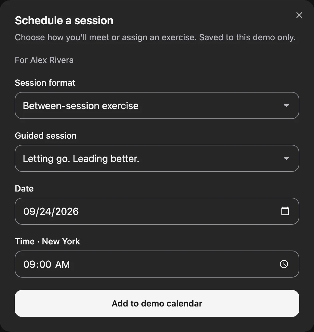 Assigning Letting go. Leading better. to fictional client Alex Rivera, with a chosen date and time.