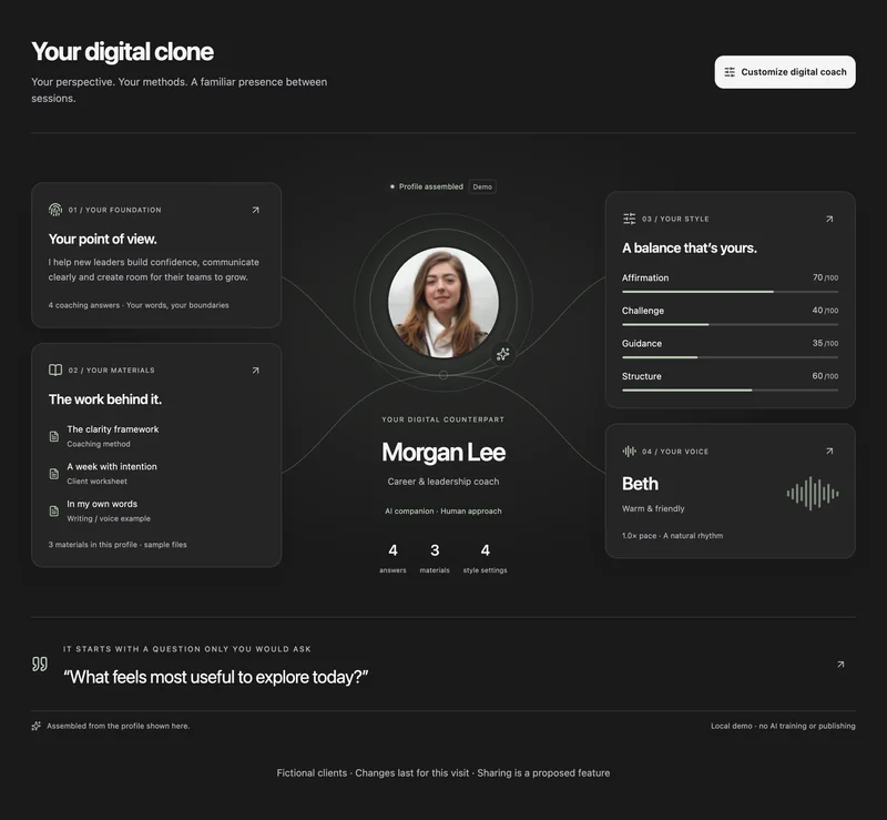 SeeMe digital clone shaped by the coach’s foundation, materials, style and voice