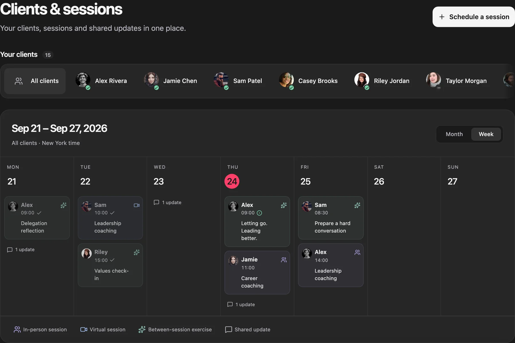 SeeMe demo client roster and weekly calendar, with coaching meetings, guided exercises, completion indicators and client-shared updates.