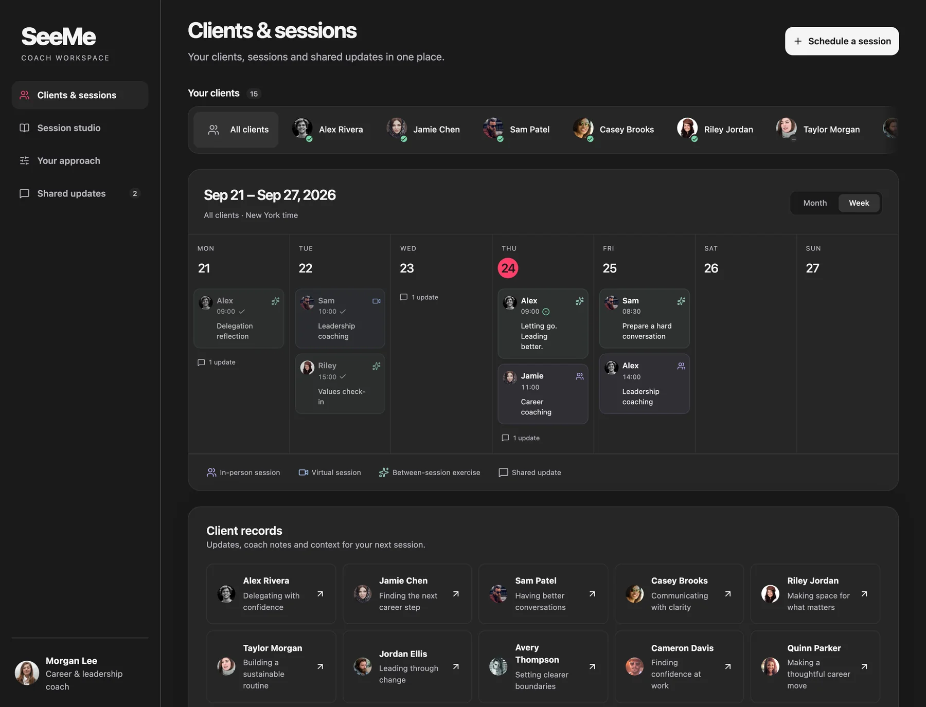 SeeMe coaching prototype showing the coach's client roster, weekly calendar of sessions and exercises, and client records